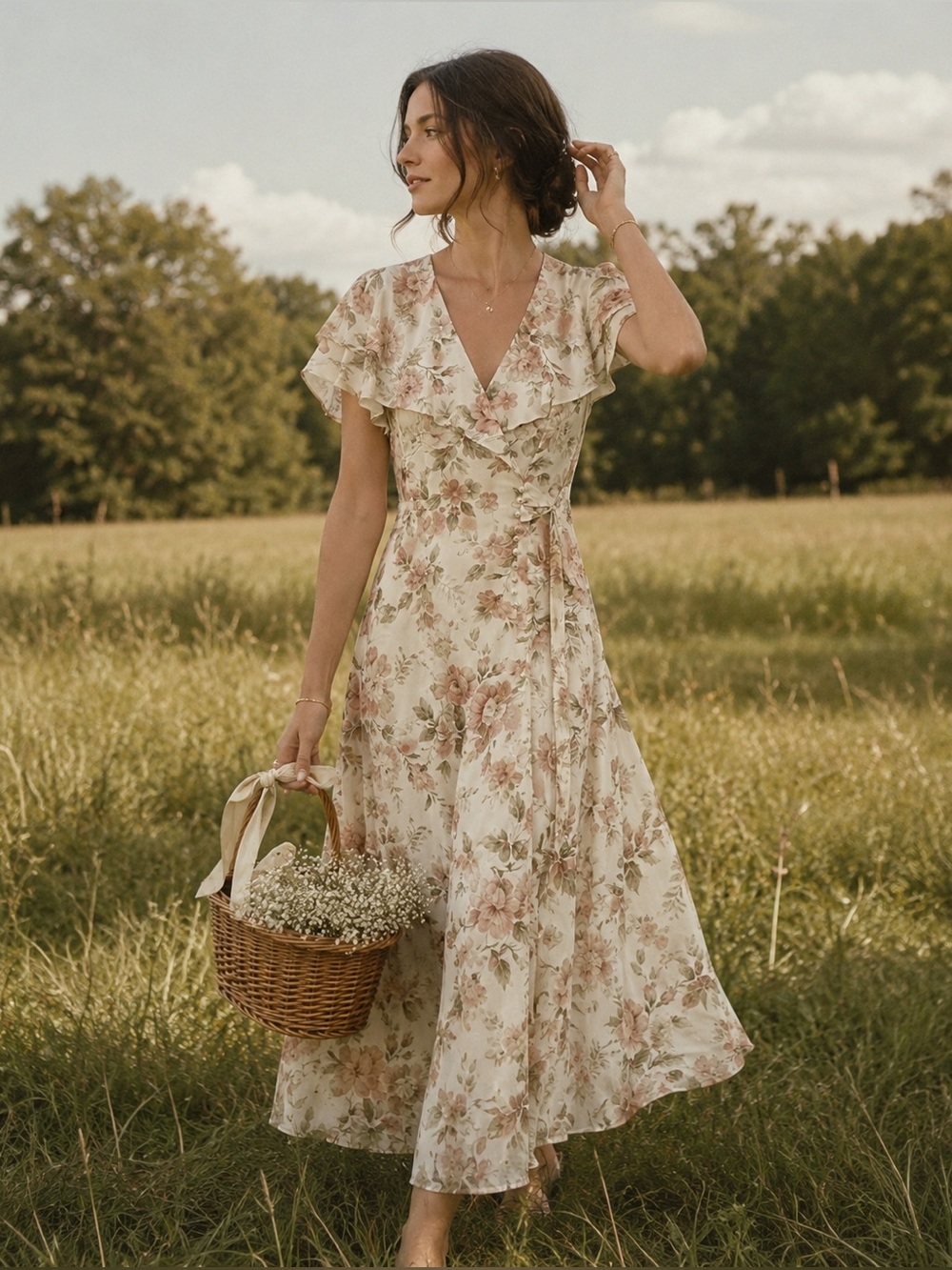 Vintage Cream Floral Ruffled Midi Dress